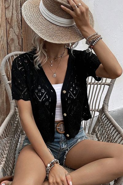 citystyle Cardigan negru Tirko tricotat cu mâneci scurte ajurate pentru femei