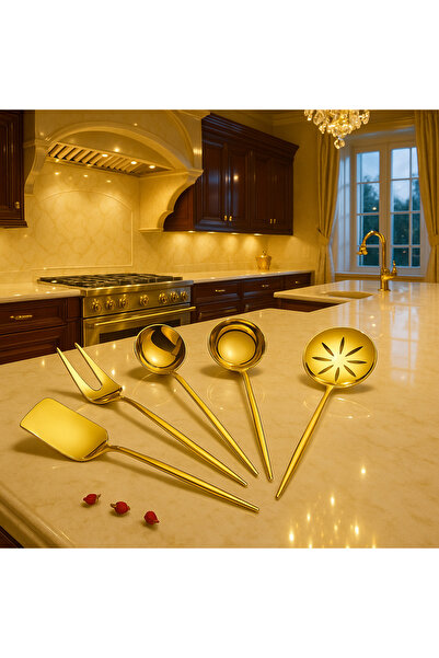 Davet Paslanmaz Çelik 5 Parça Defne Servis Seti - Spatula- Kaşık - Kevgir- Ça...