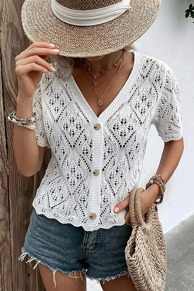 citystyle Cardigan Tirko alb tricotat cu nasturi casual cu decolteu în V cu mâneci scurte ajurate