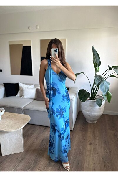 Özgece FULARLI DESENLİ TÜL ASTARLI ELBİSE