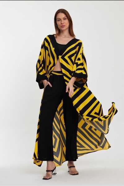 Handmade Elegance MARGOT Sarı Siyah Çizgili V Yaka Uzun Kimono - Tunik-Tarz- ...