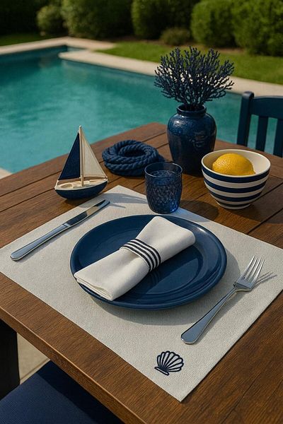 caka home design 2-Piece American Service Marine Navy Blue Mussels Embroidered (Grey Background)