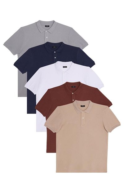 Tudors Men's 5-Pack Grey-Navy-White-Brown-Stone Regular Fit Cotton Plain Pique Polo Neck T-Shirt