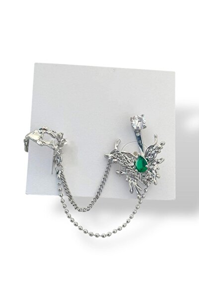 TAKIŞTIR Silver Color Butterfly Figured Stone Detailed Double Ear Cuff Earring Set