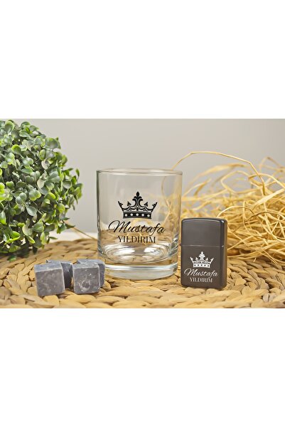 hediyekralı Kişiye Özel Viski Seti - Taç Desenli İsimli Viski Bardağı - Viski Taşı ve Çakmak Erkek Hediye Seti