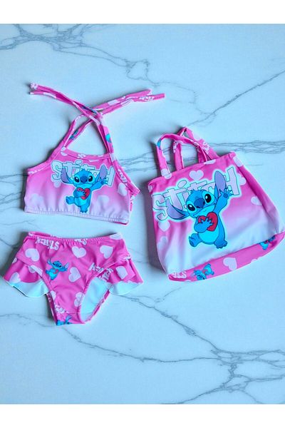 MİLAYS LİFE HOME COLLECTİON Girl's Character Printed Skirt with Ruffles - Rope Tie Bag Swimsuit Bikini 3 Piece Set