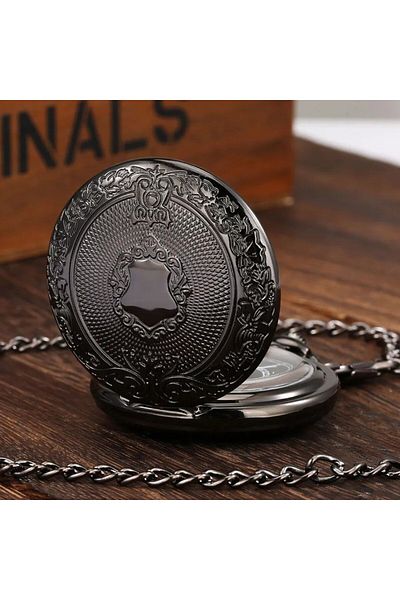 STİLLOVE Black Carved Patterned Luxury Chain Shackle Pocket Watch