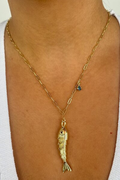 TAKIŞTIR قلادة YSX مع شكل سمكة ذهبية اللون