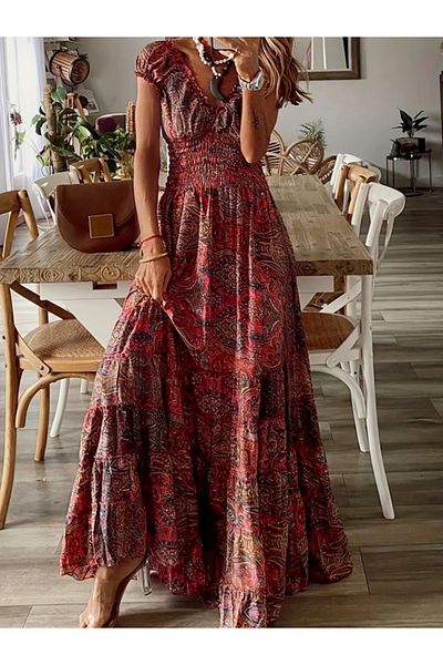 Kokosh moda Rochie de damă cu mâneci scurte, cu guler dublu, cu imprimeu maxi oversize