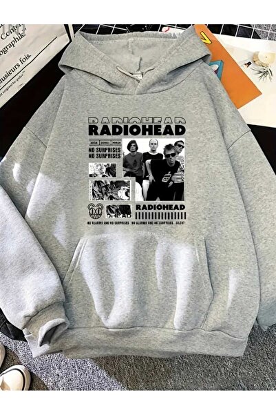 caddekombin Radiohead No Alarms Βαμβακερό γκρι φούτερ με κουκούλα και τσέπη