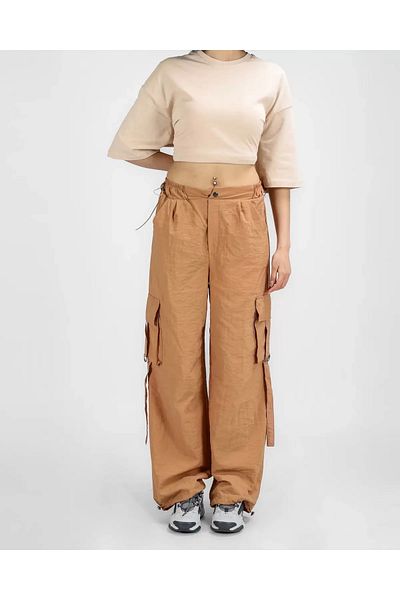 Bak Moda Parachute Fabric Pocket Detailed Belted Women's Brown Cargo Pants