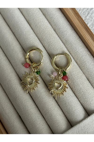 ringbox Gold Earrings with Colorful Beads and Heart Detail