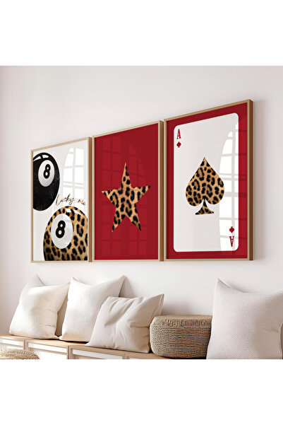 512 STORE 3'lü Estetik Leopar Red Serisi Duvar Dekor Çerçevesiz Poster