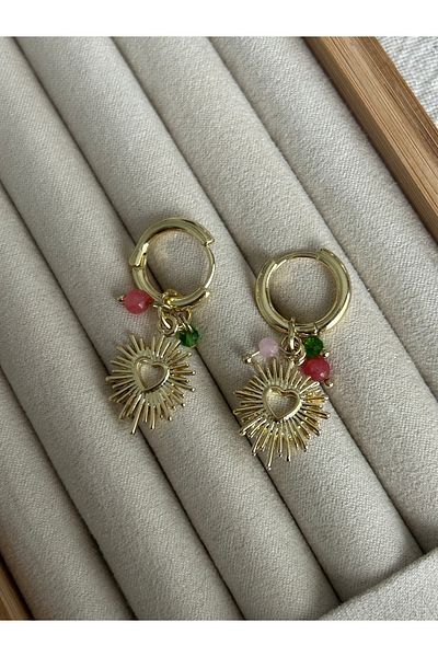 ringbox Gold Earrings with Colorful Beads and Heart Detail