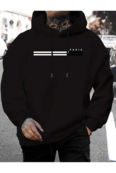 caddekombin Μαύρο φούτερ με κουκούλα με οριζόντια γραμμή εκτύπωσης Paris, με τσέπες και εσωτερικό μάλλινο επένδυση