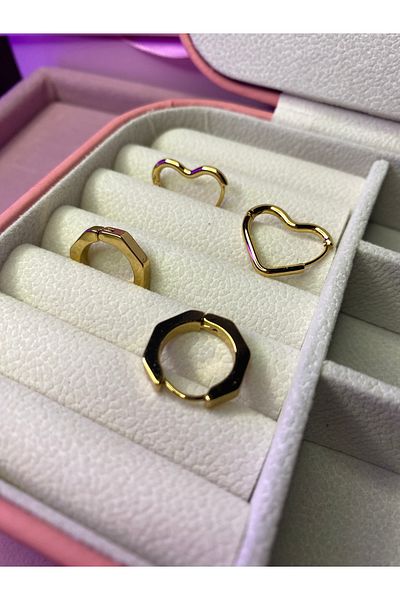 TATLIŞ 2 Pairs of Steel Earrings Heart and Ring-Shaped 2 Pairs of Steel Gold Color Earrings
