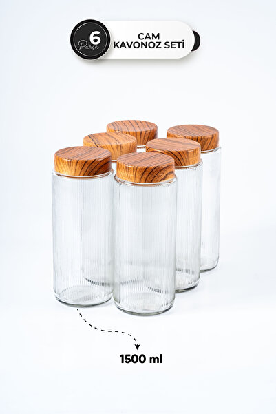 Homekolik 6 Pieces 1500 ml Striped Glass Jar Set – Bamboo Lid Appearance, Airtight