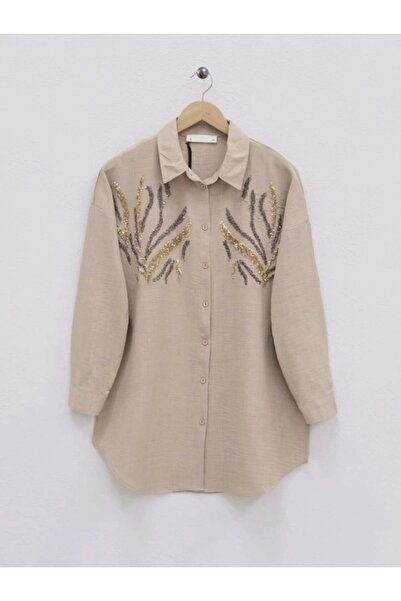 nedo7 Long Shirt with Sequins on the Front - Mink