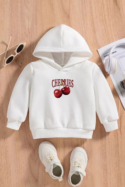VBSVİBES Children's White Hooded Sweatshirt – Cherries Printed, Thick Fabric with Hood