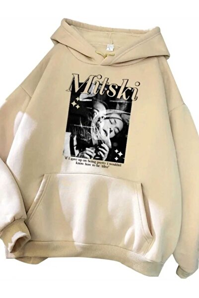 caddekombin Φούτερ Mitski με στάμπα με κουκούλα και τσέπες από βαμβακερό μπεζ χρώμα