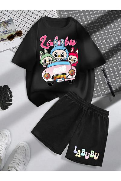 COHERENT Unisex Women/Men Black Colored Labubu Custom Printed Shorts T-Shirt Set