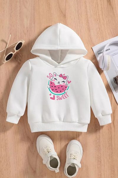 VBSVİBES Children's White Hooded Sweatshirt – Watermelon Printed, Thick Fabric with Hood