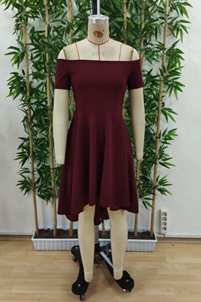 Mossta Madonna Collar Asymmetrical Hem Detailed Imported Crepe Dress - Burgundy