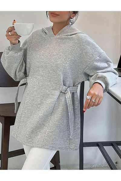 caddekombin Women's Hooded Special Design Belted Gray Sweatshirt