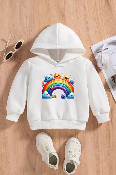 CLAYES Children's White Hooded Sweatshirt – Gok Kusagi Printed, Thick Fabric with Hood