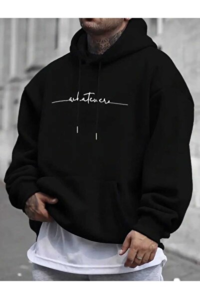 caddekombin Whatever Printed Hooded Pocket Cotton Black Sweatshirt