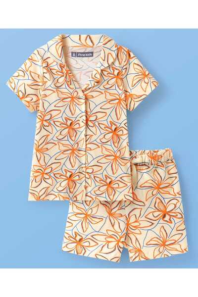 Pine kids بدلة نوم قصيرة بأكمام نصفية من قماش جيرسي محبوك بطبعة زهور - كريمي