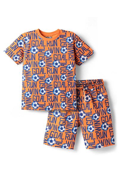 Pine kids Single Jersey Knit Half Sleeves Shorts Night Suit with Sports Theme Print - Blazing Orange