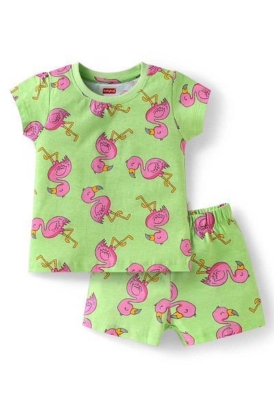 Babyhug T-Shirt and Shorts Set with Flamingo Print - Green