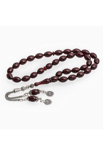 ALYANSEVİM 925 Sterling Silver Tasseled Burgundy Amber Prayer Beads