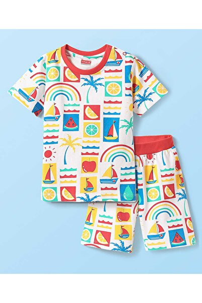 Babyhug Shorts Night Suit With Fruit & Boat Print - White