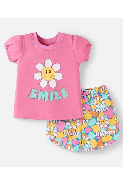 Babyhug T-Shirt and Shorts Set with Smile & Floral Print - Pink
