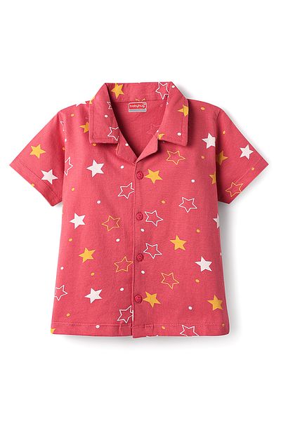 Babyhug Cotton Knit Front Open Half Sleeves Shirt and Shorts Set with Star Print - Red