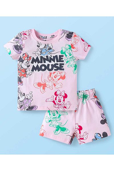 Babyhug Disney Single Jersey Knit Half Sleeves Shorts Night Suit with Minnie Mouse Print - Pink