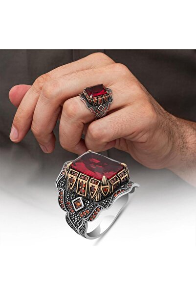 ALYANSEVİM Kırmızı Zirkon Taşlı 925 Gümüş Yüzük Erkek