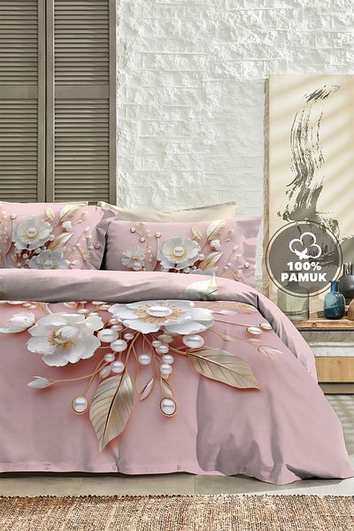 MonoHome 100% Cotton Ranforce Dowry Luxury 5D Digital Double Duvet Cover Set Pink Pearls