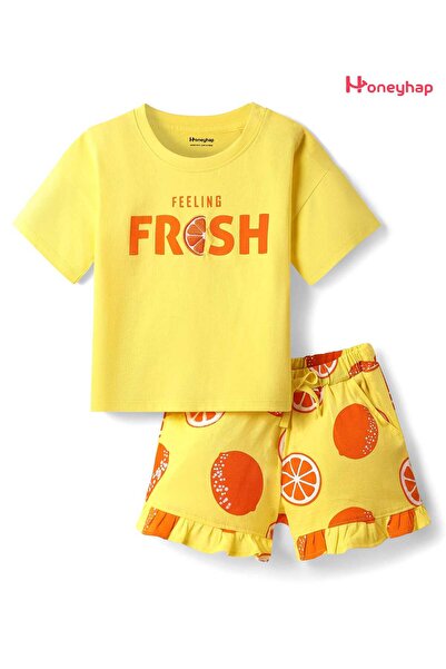 Honeyhap طقم تيشيرت وشورت بطبعة فواكه وتشطيبات حيوية - ليموني/غروب شمس الخريف