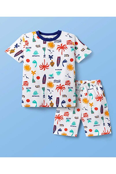 Pine kids بدلة نوم قصيرة بأكمام نصفية من قماش جيرسي محبوك مع طبعة بطابع شاطئي...