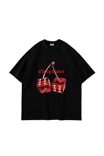 Sekizbiraltı Cherry Chance Printed Oversize Unisex Black Tshirt