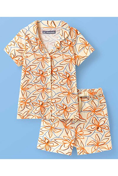 Pine kids بدلة نوم قصيرة بأكمام نصفية من قماش جيرسي محبوك بطبعة زهور - كريمي