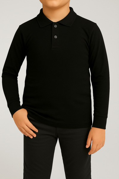 FATELLA Children's Black Long Sleeve Polo Neck Lacoste School T-Shirt