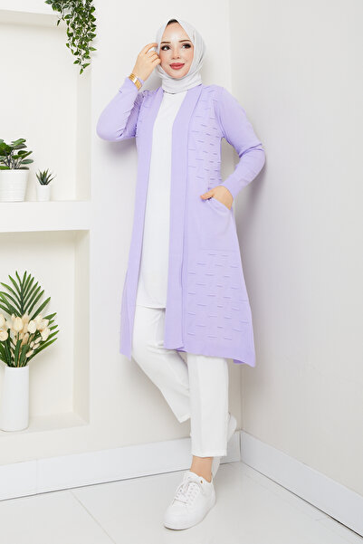 Pamuk Butik Kadın Cepli Salaş Hırka Lila