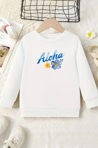 VBSVİBES Unisex White Kids Crew Neck Sweatshirt – Aloha, Printed Thick Fabric