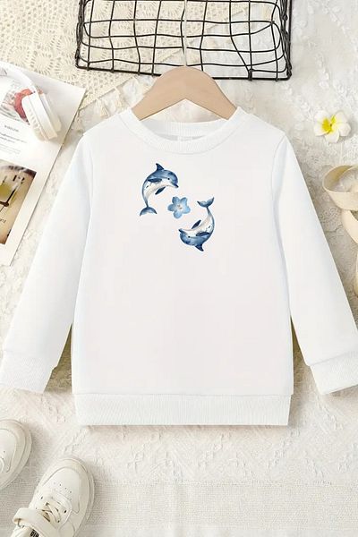 VBSVİBES Unisex White Kids Crew Neck Sweatshirt – Double Dolphin, Printed Thick Fabric