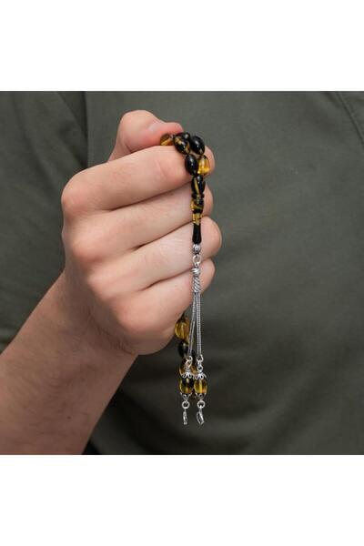 ALYANSEVİM 925 Sterling Silver Tasseled Yellow Black Amber Prayer Beads
