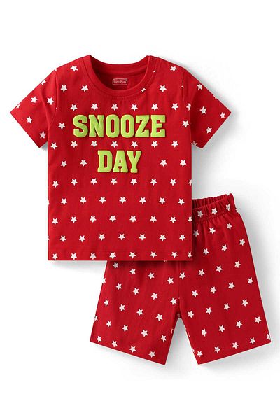Babyhug Night Suit with Stars & Text Print - Red